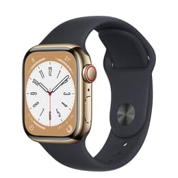 Apple Watch (Series 7) GPS + Mobilnät 45 - Rostfritt stål Guld - Sportband Svart