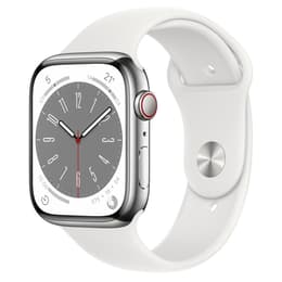 Apple Watch (Series 8) 2022 GPS + Mobilnät 45 - Rostfritt stål Silver - Sportband Vit
