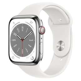 Apple Watch Series 8 (2022) GPS + Mobilnät 45 mm - Rostfritt stål Silver - Sportband Vit