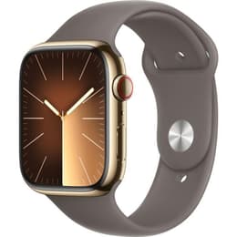 Apple Watch Series 9 (2023) GPS + Mobilnät 45 mm - Rostfritt stål Guld - Sportband Brun