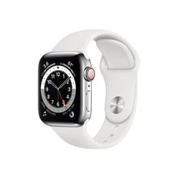 Apple Watch Series 6 (2020) GPS + Mobilnät 40 mm - Rostfritt stål Silver - Sportband Vit