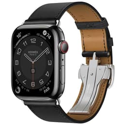 Apple Watch (Series 7) 2021 GPS 45 - Rostfritt stål Grå utrymme - Leather Link Svart
